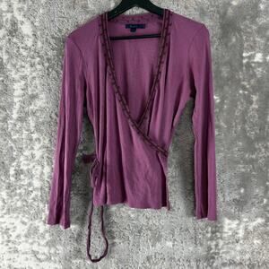 Boden Size 14 Casual Tie Wrap Top Purple Long Sleeve V Neck Cotton Blend